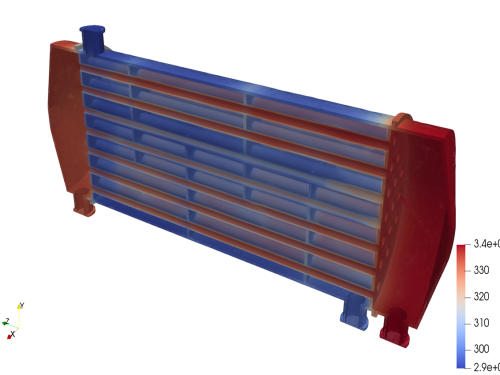 CFD simulation showing temperature contours and fluid flow paths through a shell and tube heat exchanger